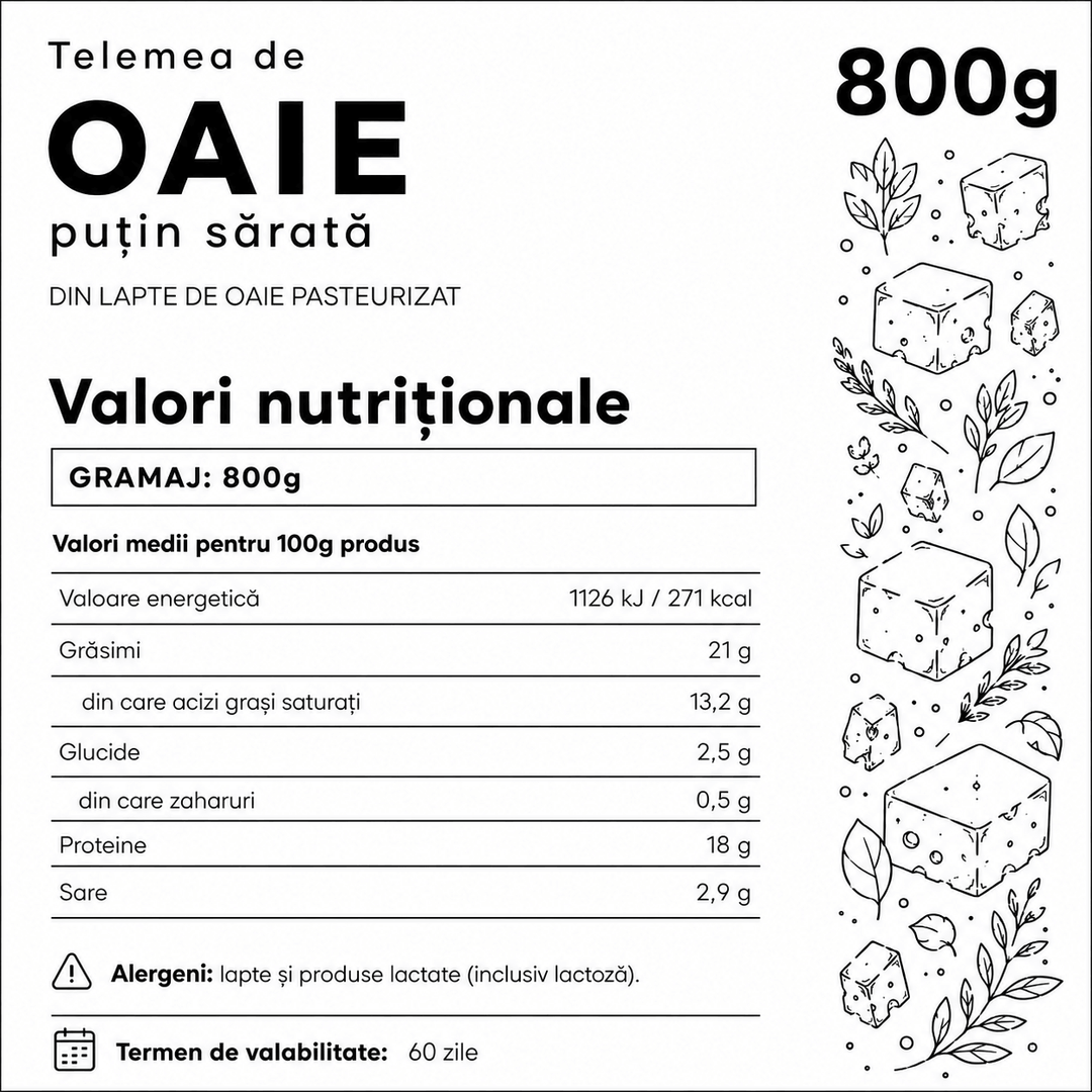 Telemea de oaie puțin sărată, Ferma cu Omenie, 800g
