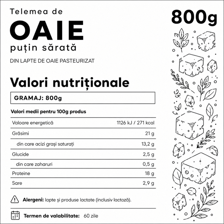 Telemea de oaie puțin sărată, Ferma cu Omenie, 800g